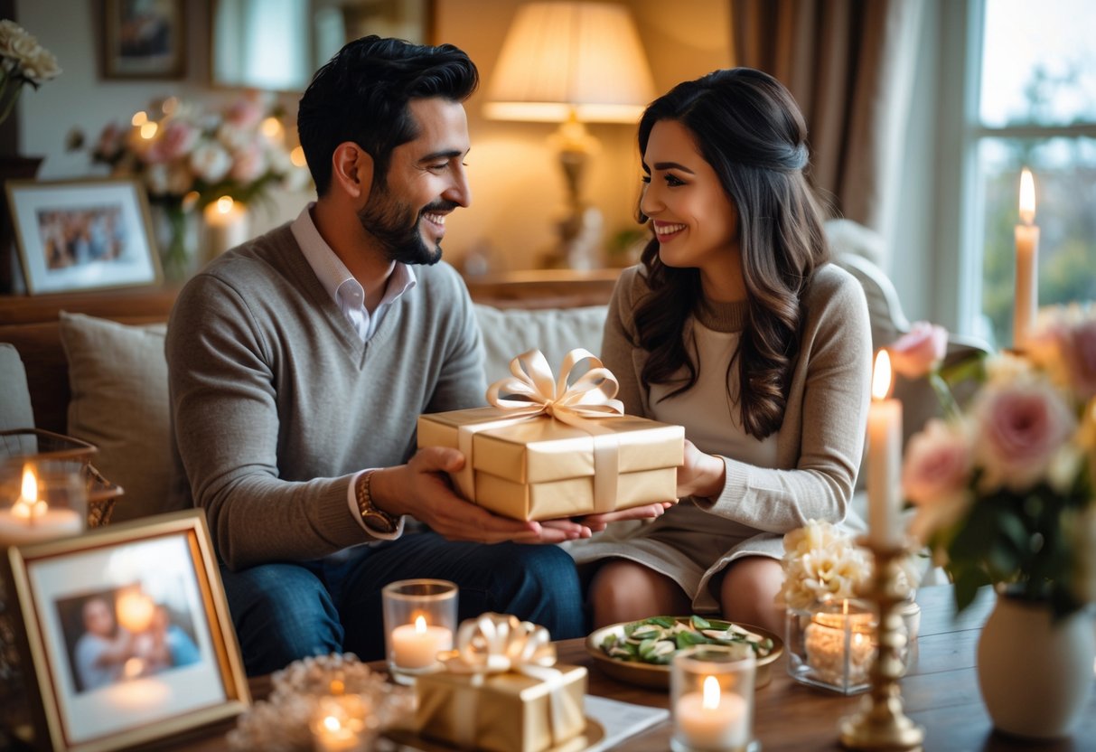 A couple exchanging gifts and smiling in a cozy living room decorated with candles, flowers, and framed photos celebrating their 5th wedding anniversary.