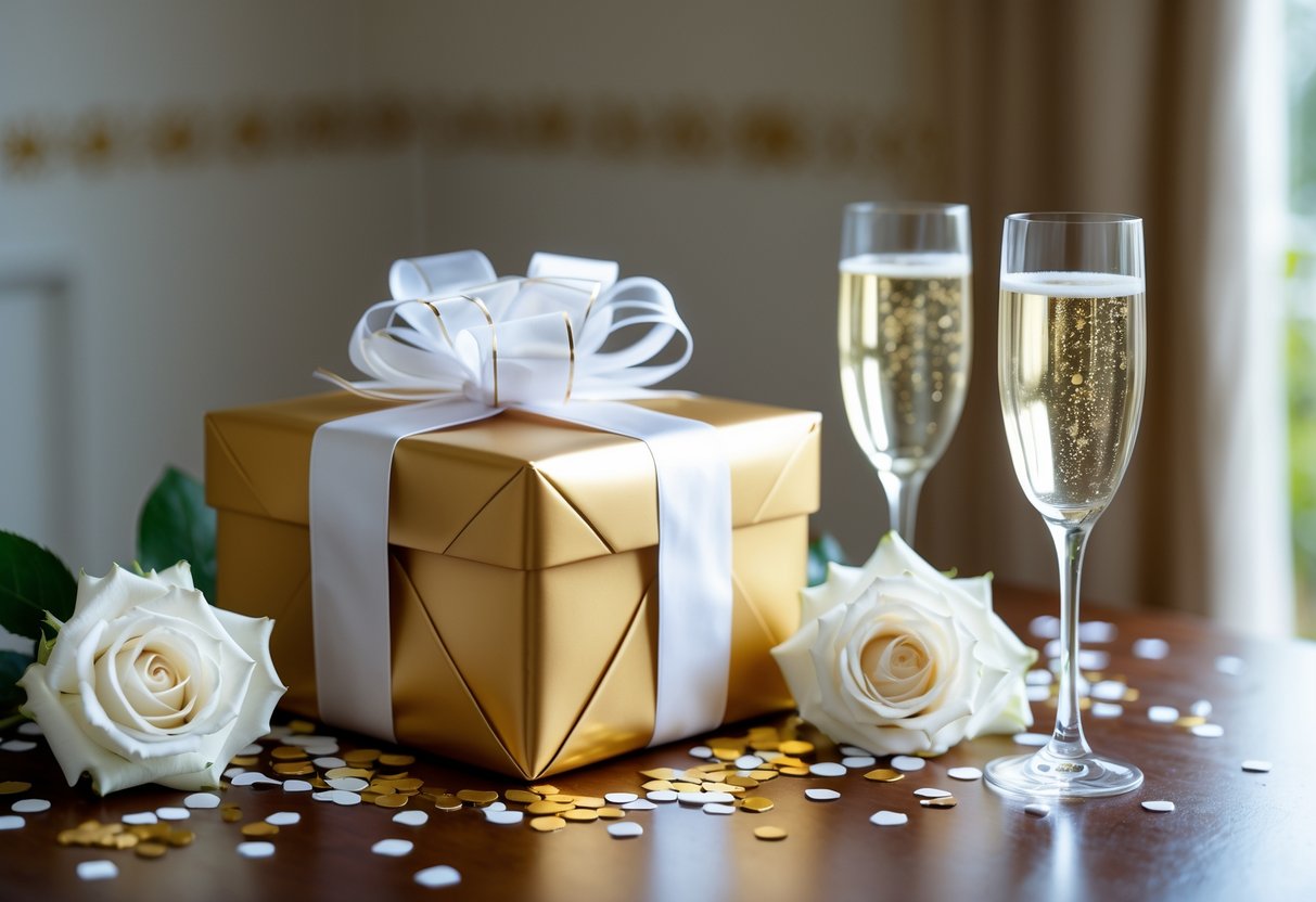 A wrapped gift box with white roses and two champagne glasses on a wooden table.