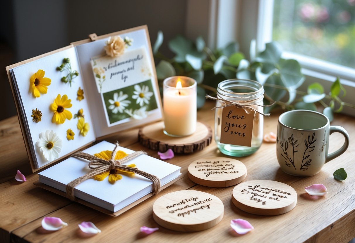 A table displaying various handmade anniversary gifts including a photo album, wooden coasters, a jar of love notes, and a painted mug, surrounded by rose petals and a lit candle.