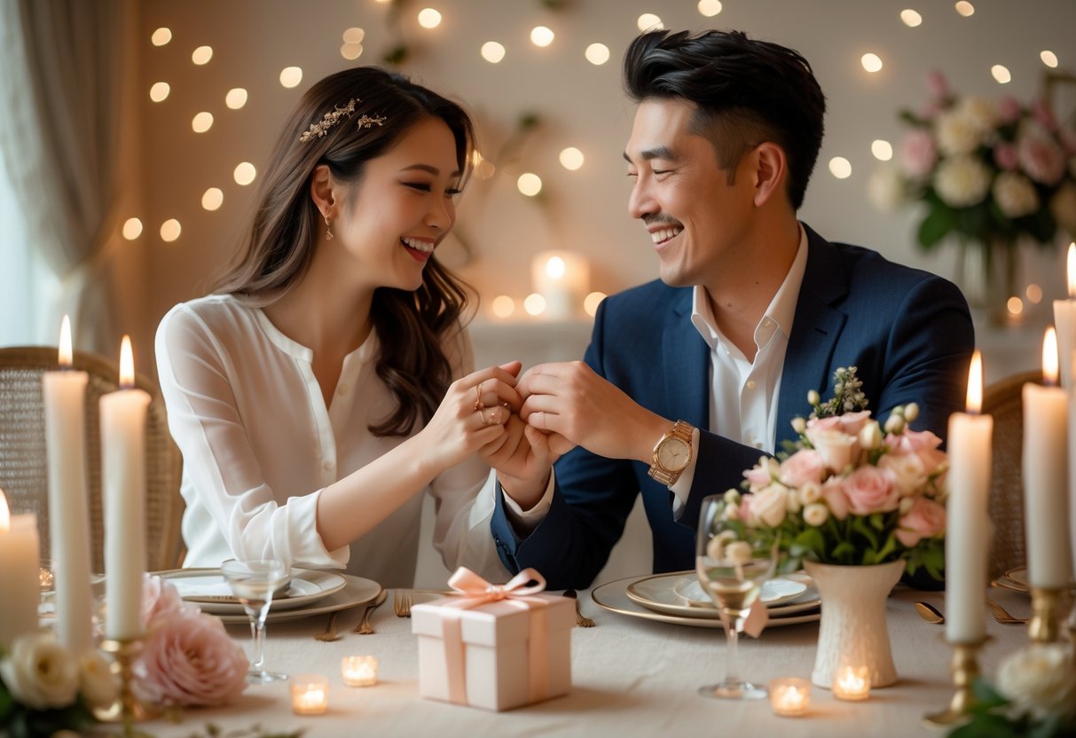 A couple smiling and holding hands at a candlelit table decorated with flowers and a gift, celebrating their anniversary.