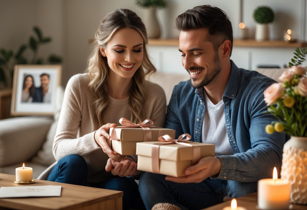 A smiling couple exchanging gifts in a cozy living room decorated for their five-year anniversary celebration.