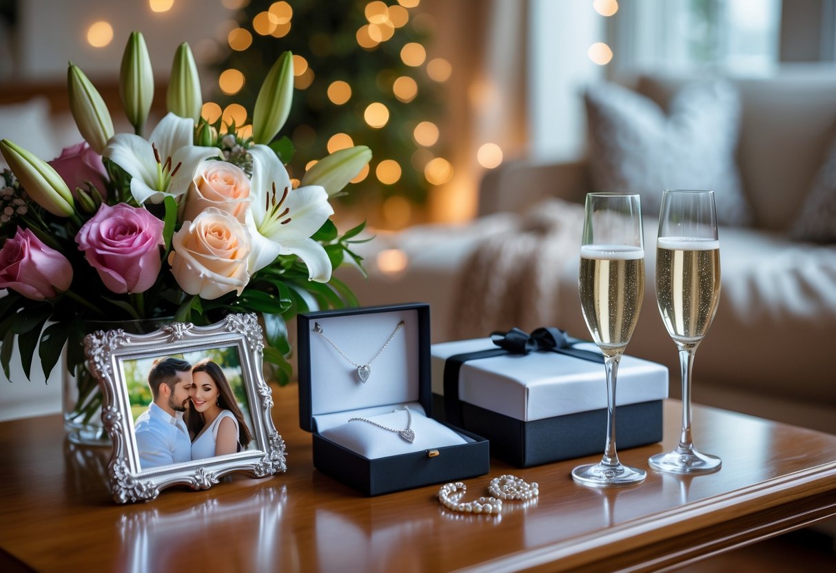 A table with anniversary gifts including a silver photo frame, flowers, a silver necklace in a box, and champagne glasses in a warmly lit room.