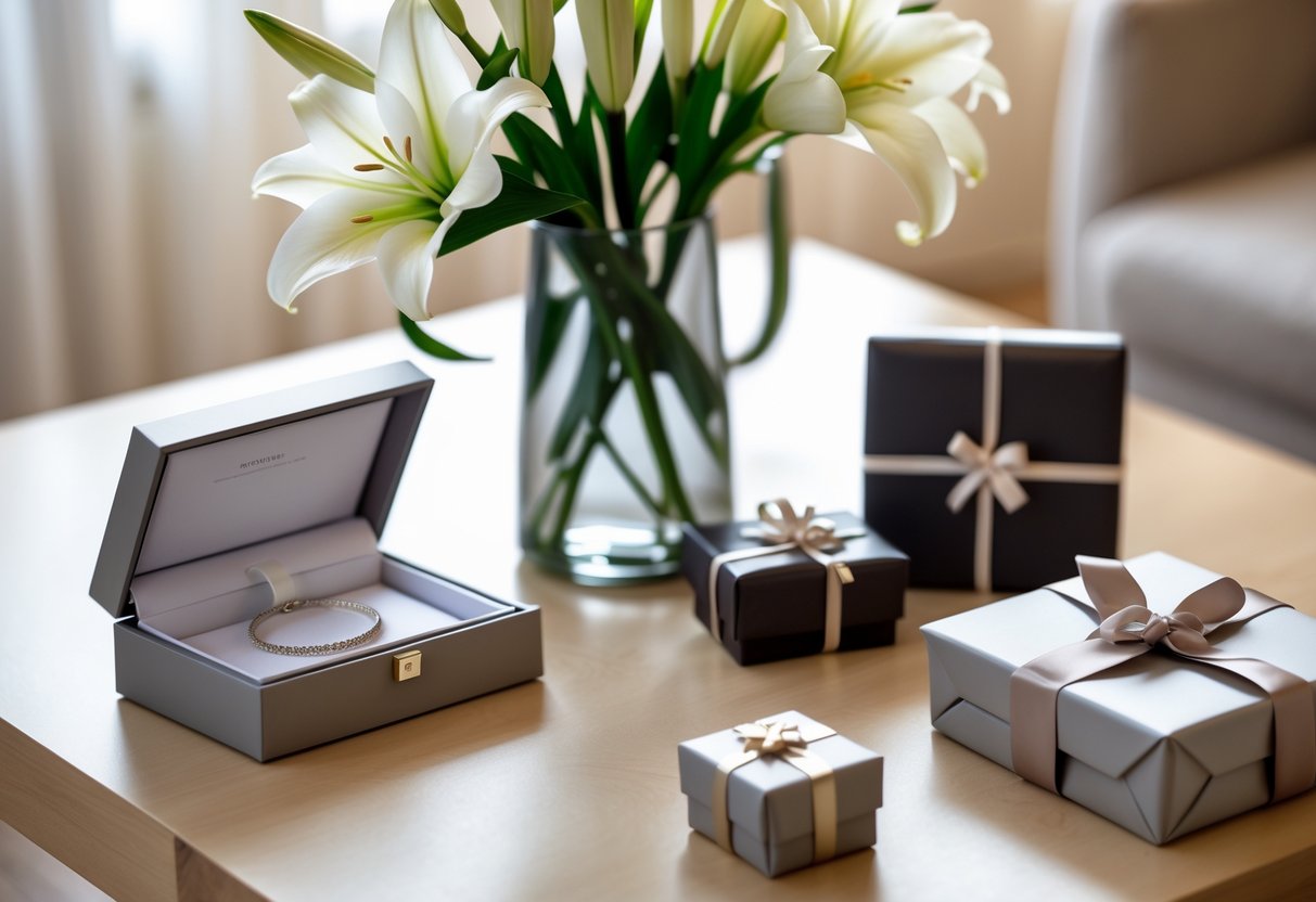 A table displaying modern 5th anniversary gifts including a silver bracelet in a jewelry box, white lilies in a glass vase, a leather photo album, and a wrapped gift box.