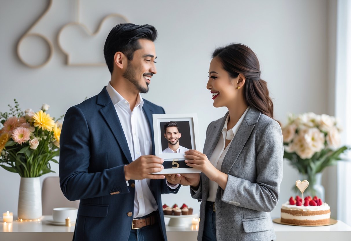 A couple exchanging anniversary gifts and smiling at each other in a softly lit room decorated for a celebration.
