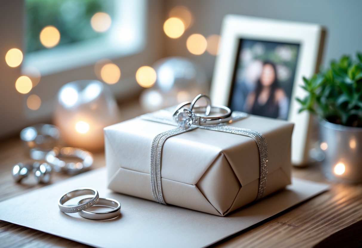 A neatly wrapped anniversary gift box surrounded by silver rings, a photo frame, and a small potted plant on a wooden table with soft natural light.