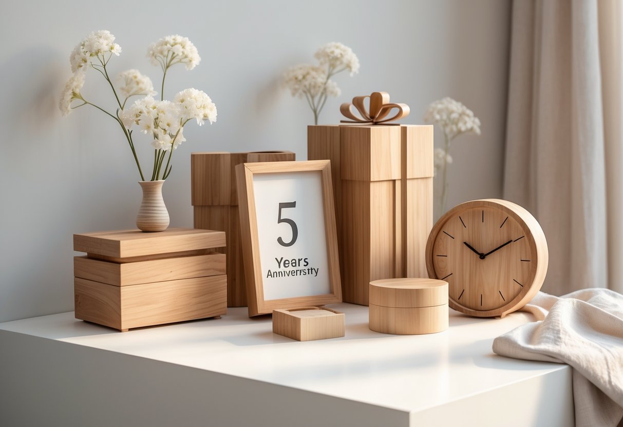 A collection of wooden anniversary gifts including boxes, a photo frame, and a clock arranged on a surface with flowers nearby.