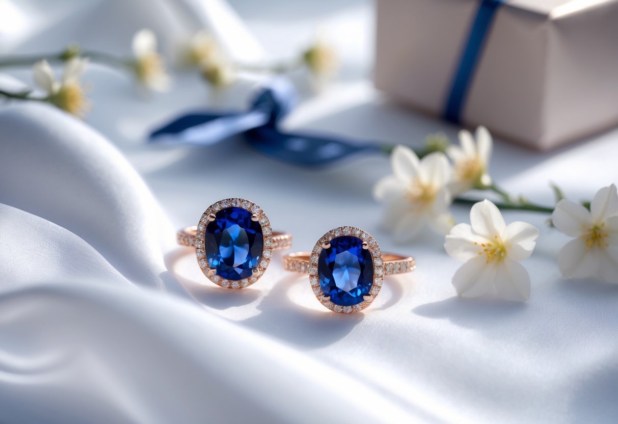 Close-up of sapphire ring and earrings displayed on white silk fabric with white flowers and a small gift box in the background.