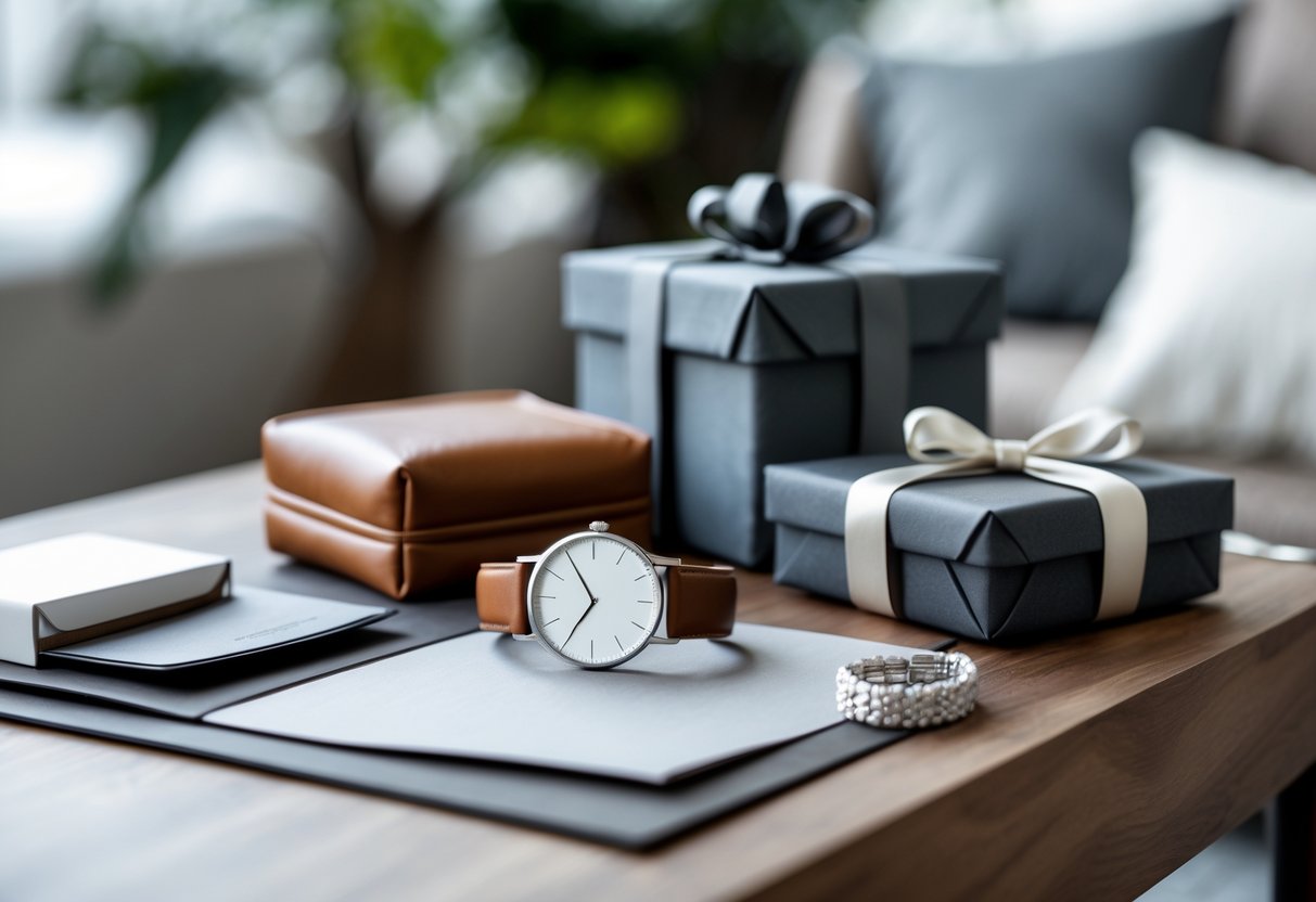 A wooden table with a leather wallet, wristwatch, silver bracelet, and a wrapped gift box in a cozy room.