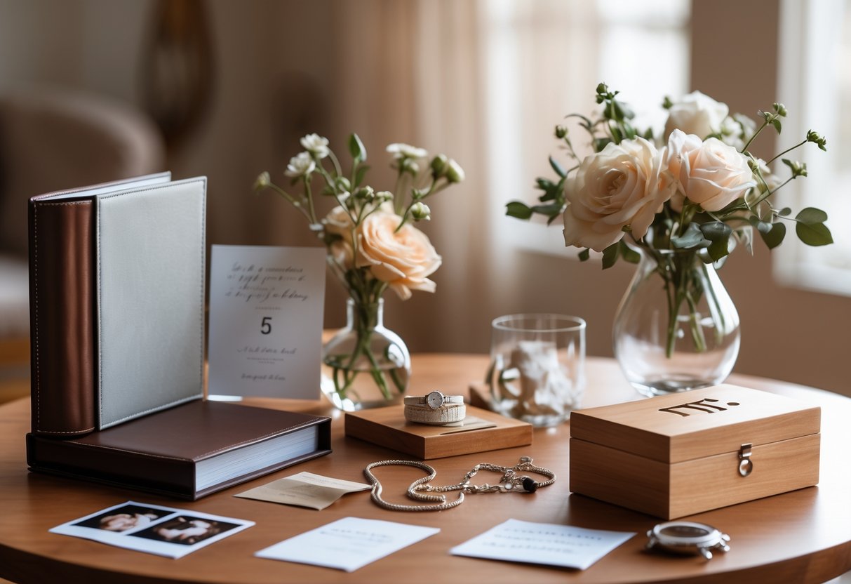 A table displaying elegant anniversary gifts including a photo album, silver locket, glass vase with flowers, wooden box, and nostalgic items like photos and a love letter.