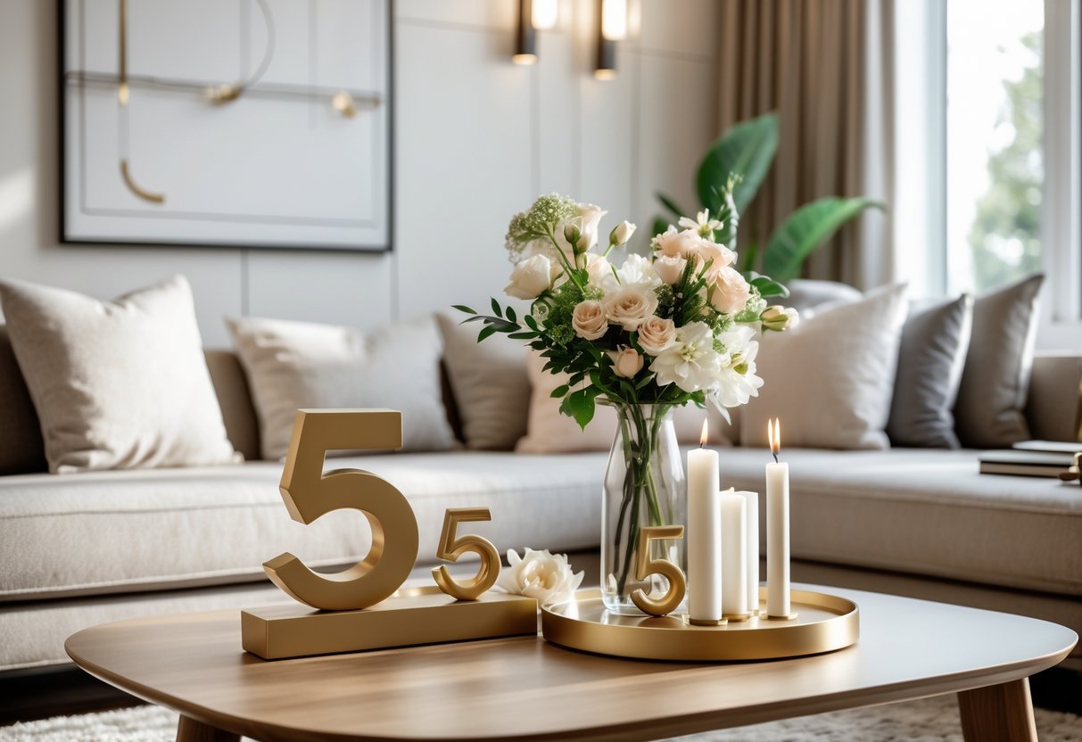 A modern living room with a coffee table displaying decorative items symbolizing five years, including a number five sculpture, flowers, and candles, with a sofa and natural light in the background.
