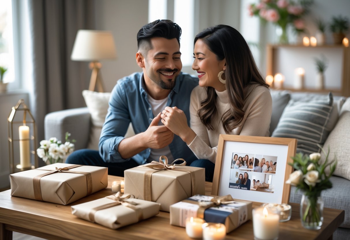 A couple smiling and holding hands in a cozy living room with wrapped gifts and experience-based presents on a wooden table.