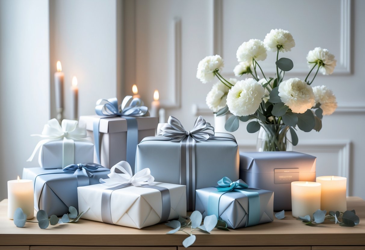 A table with neatly wrapped anniversary gifts, white flowers, and candles arranged in a bright room.