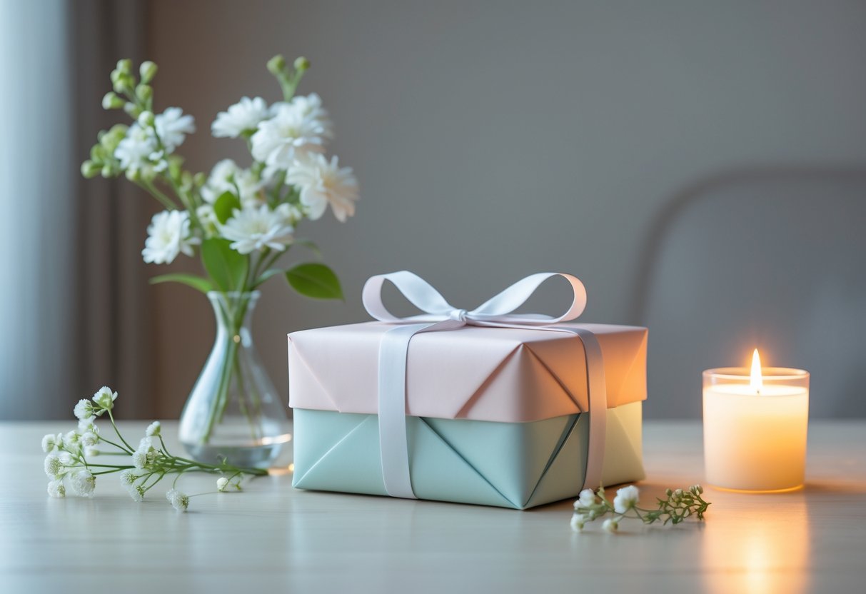 A neatly wrapped anniversary gift box on a wooden table surrounded by flowers, greenery, and a lit candle.