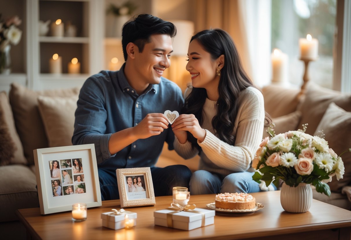 A couple smiling and holding hands in a cozy living room surrounded by anniversary gifts like jewelry, flowers, and framed photos.