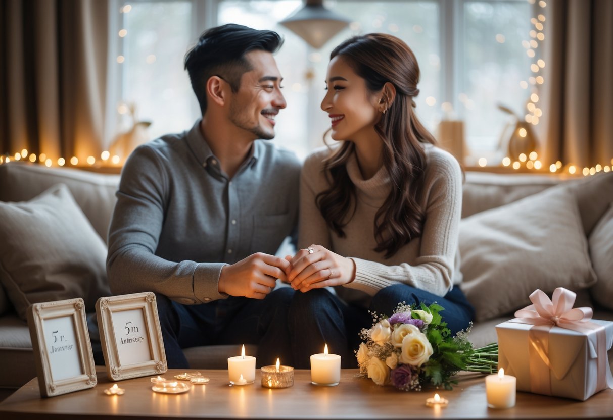 A couple sitting on a sofa holding hands and smiling, surrounded by anniversary gifts and soft lighting.