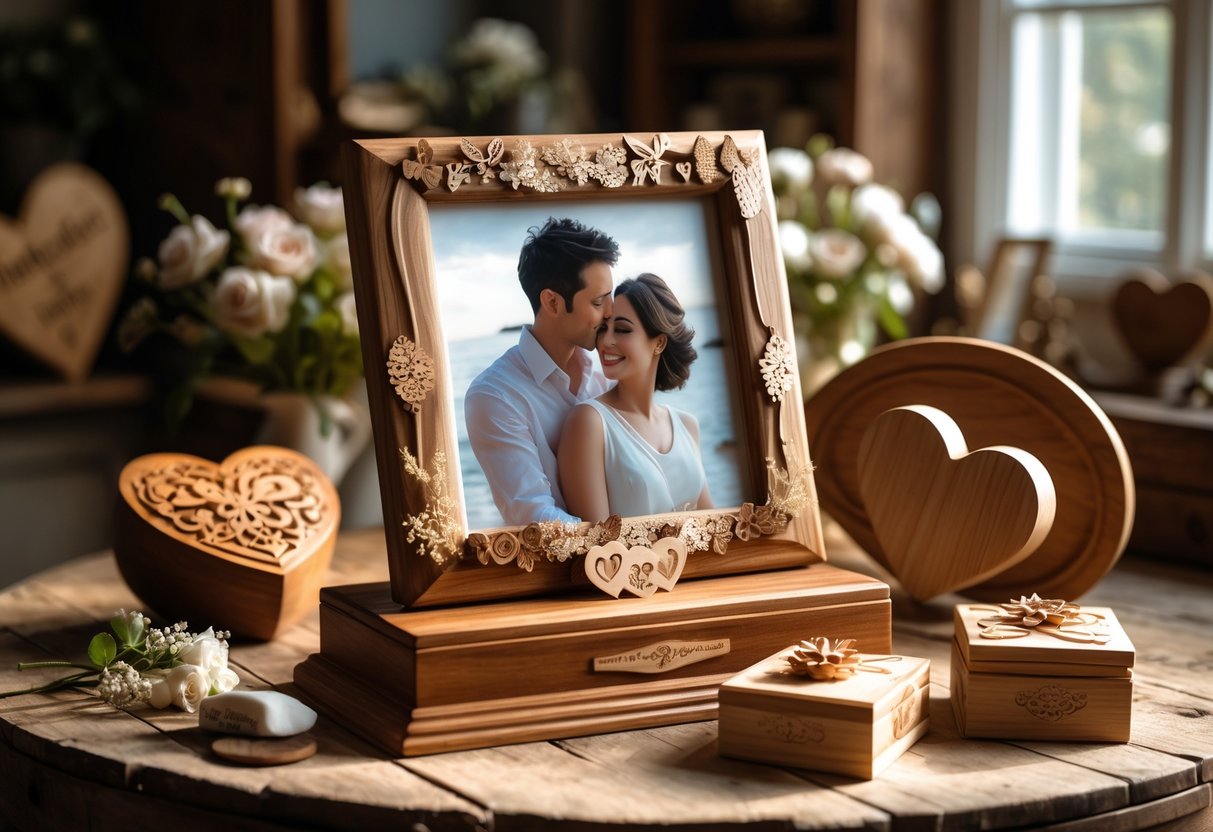 A wooden photo frame and carved wooden gifts arranged on a rustic table with soft natural light, creating a warm anniversary scene.