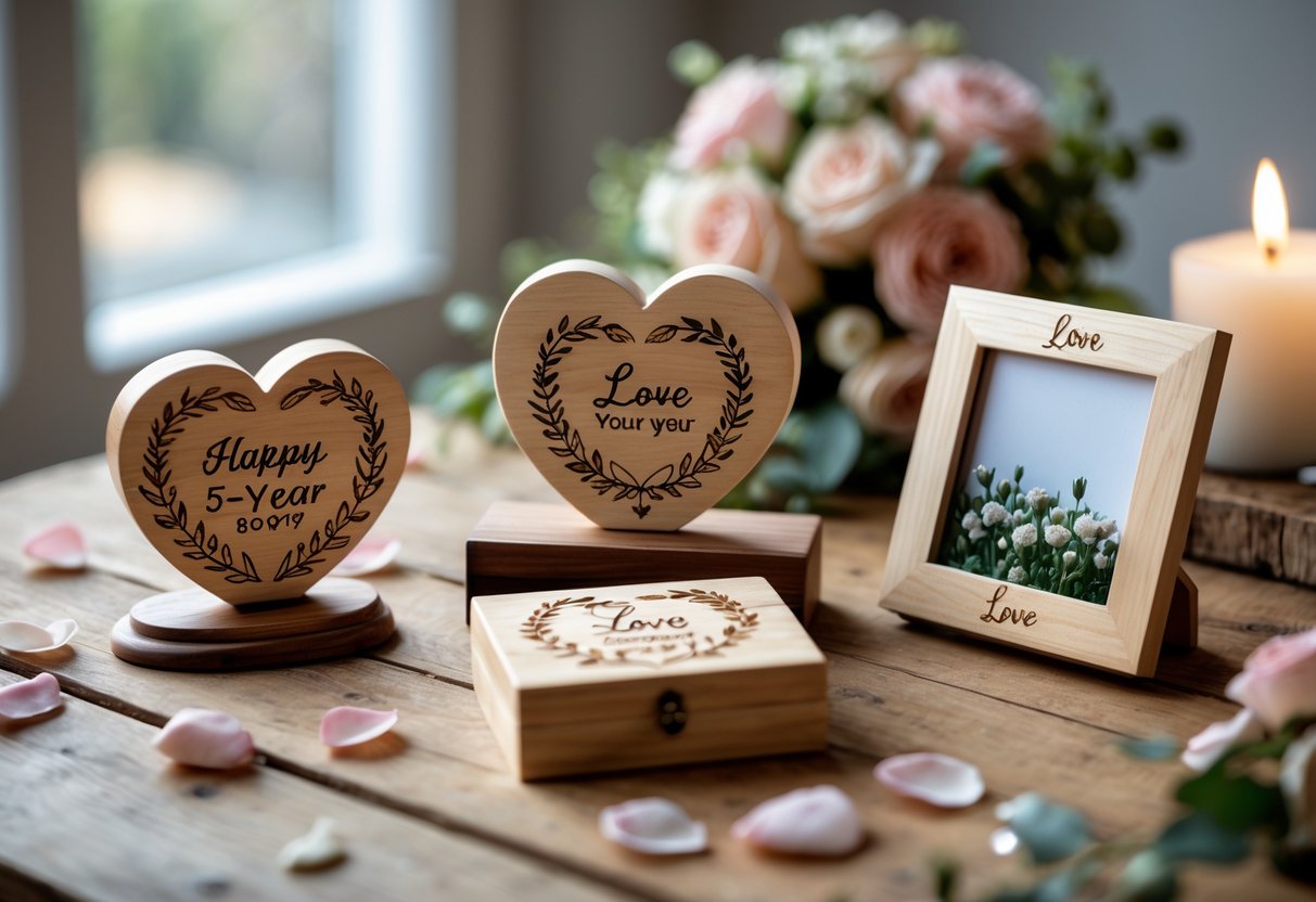 A collection of personalized wooden anniversary keepsakes displayed on a wooden table with rose petals, flowers, and a candle in the background.