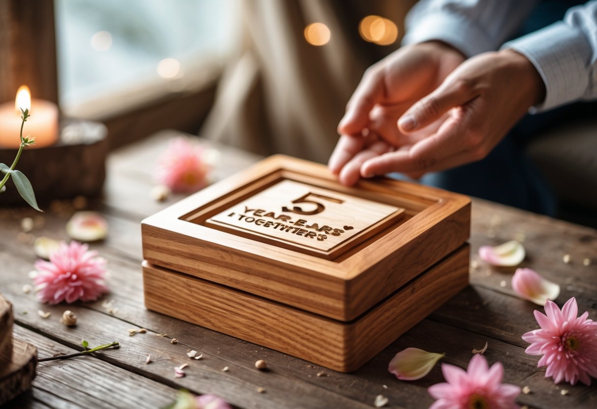 A wooden anniversary gift on a table with a couple's hands gently touching it, surrounded by flower petals.