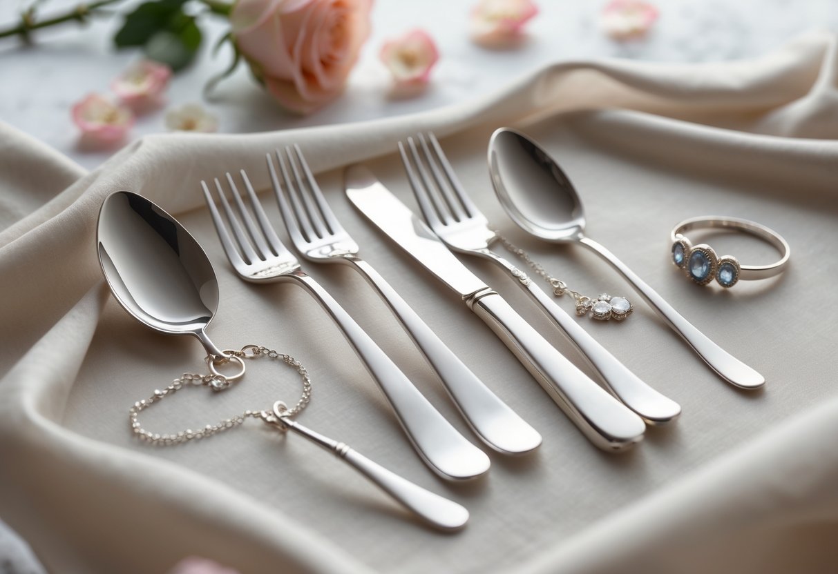 An arrangement of modern silverware and silver jewelry displayed on a soft fabric with rose petals and a cozy dining background.