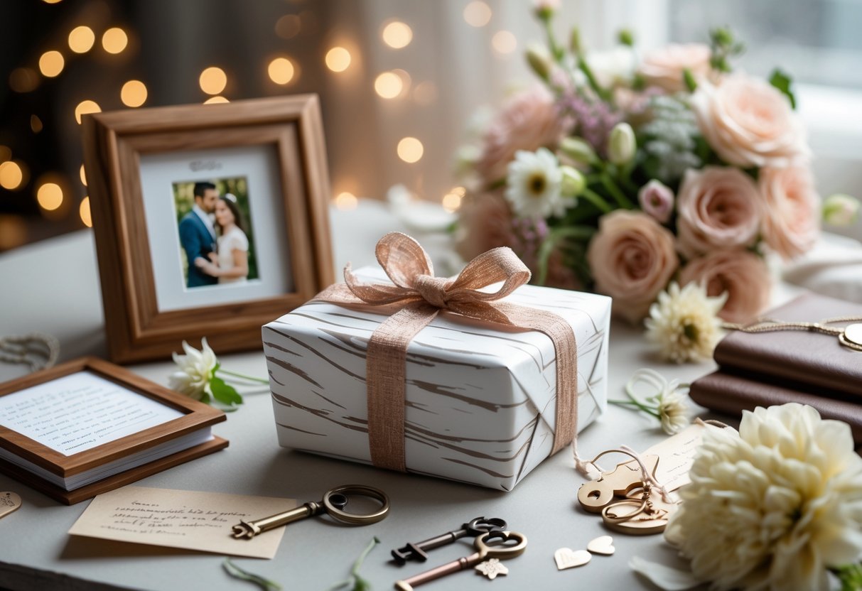 An elegant arrangement of fifth anniversary gifts including a wooden gift box, photo frame, leather journal, flowers, and small romantic mementos on a softly lit surface.