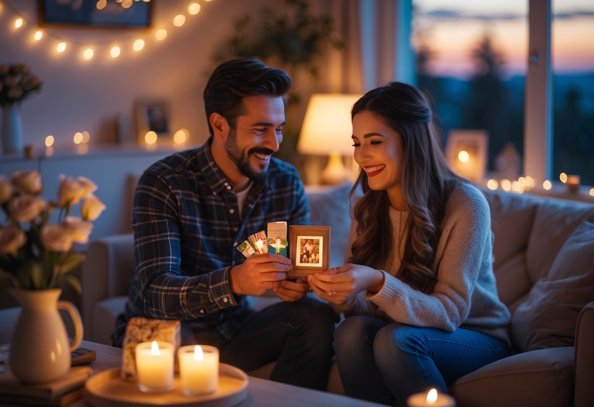 A couple happily exchanging gifts in a cozy living room decorated for their 5th anniversary celebration.
