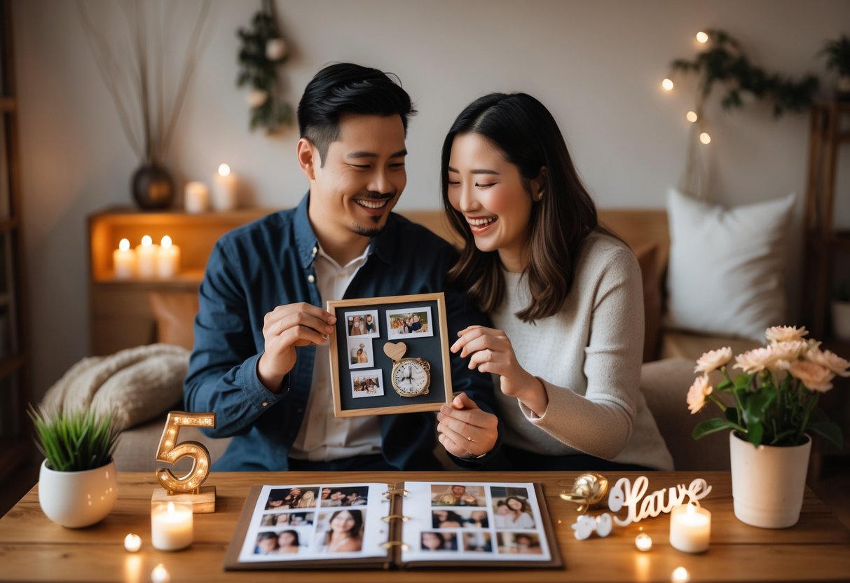 A couple exchanging handmade anniversary gifts in a cozy home setting with candles and flowers on a wooden table.