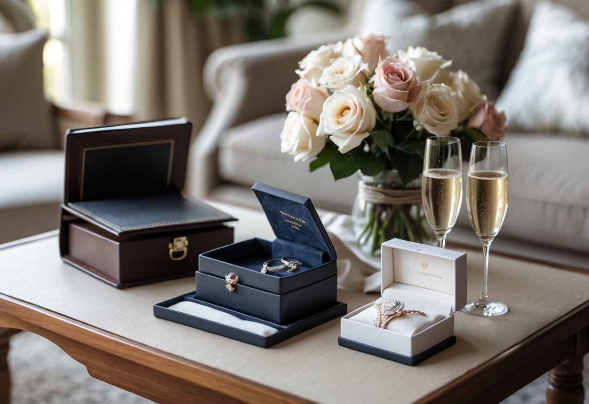 A table with luxury anniversary gifts including a photo album, jewelry box with jewelry, champagne flutes, and a bouquet of roses in a cozy living room setting.