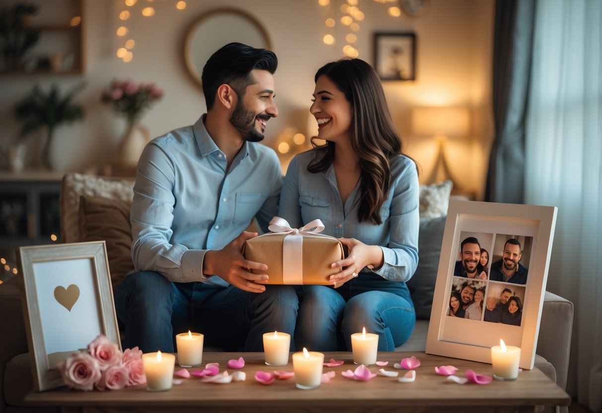 A couple exchanging personalized anniversary gifts in a cozy living room decorated with candles and rose petals, sharing a tender moment.