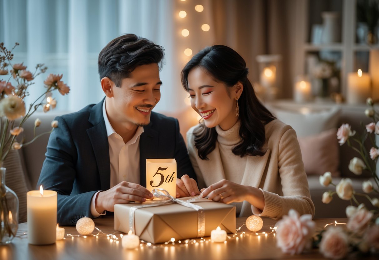 A couple exchanging gifts and smiling warmly in a softly lit room decorated for their 5th anniversary celebration.