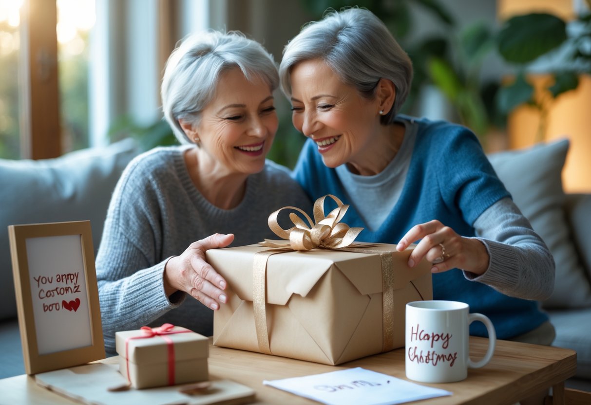 A mother and adult child smiling as the child gives her a wrapped gift in a cozy living room with personalized items on a nearby table.