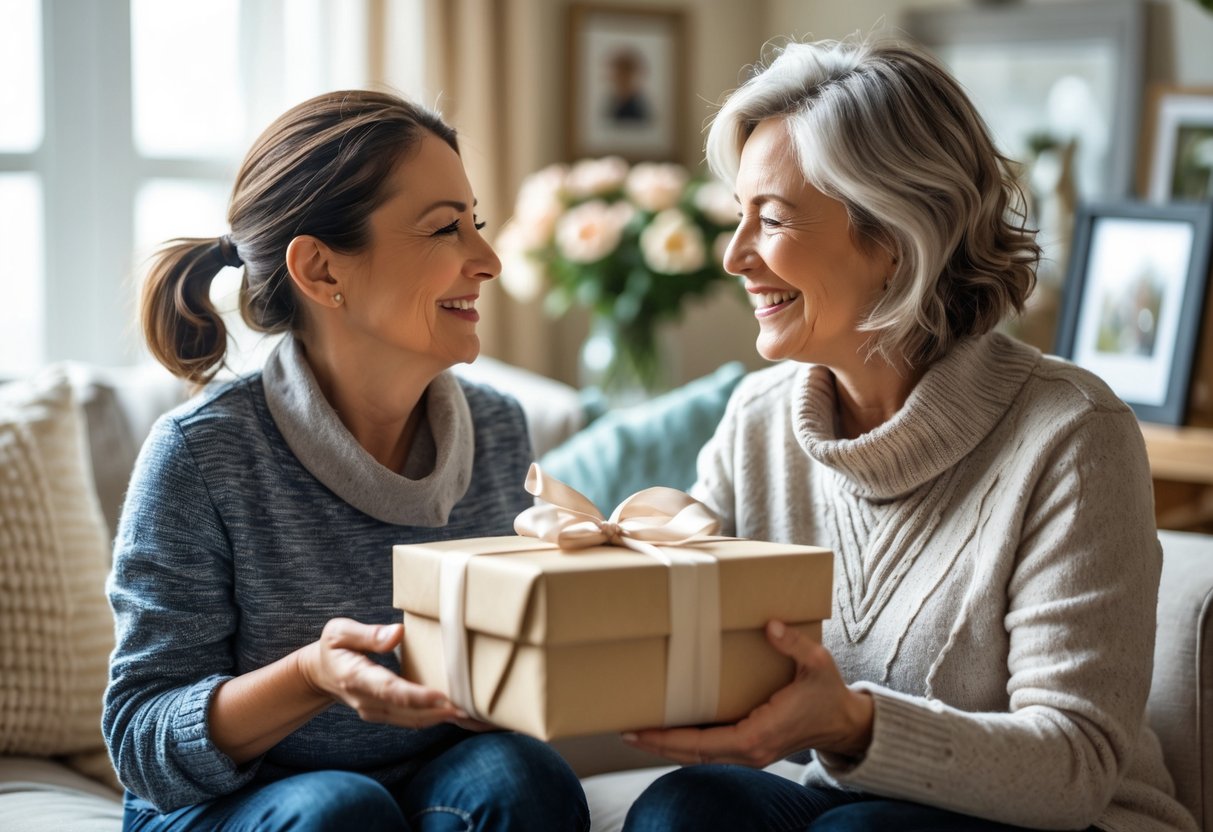 A mother and adult child exchanging personalized gifts in a cozy living room, both smiling warmly at each other.