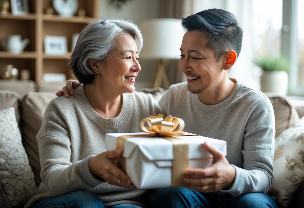 A mother and adult child sharing a loving moment as the child gives a wrapped gift to the smiling mother in a cozy living room.