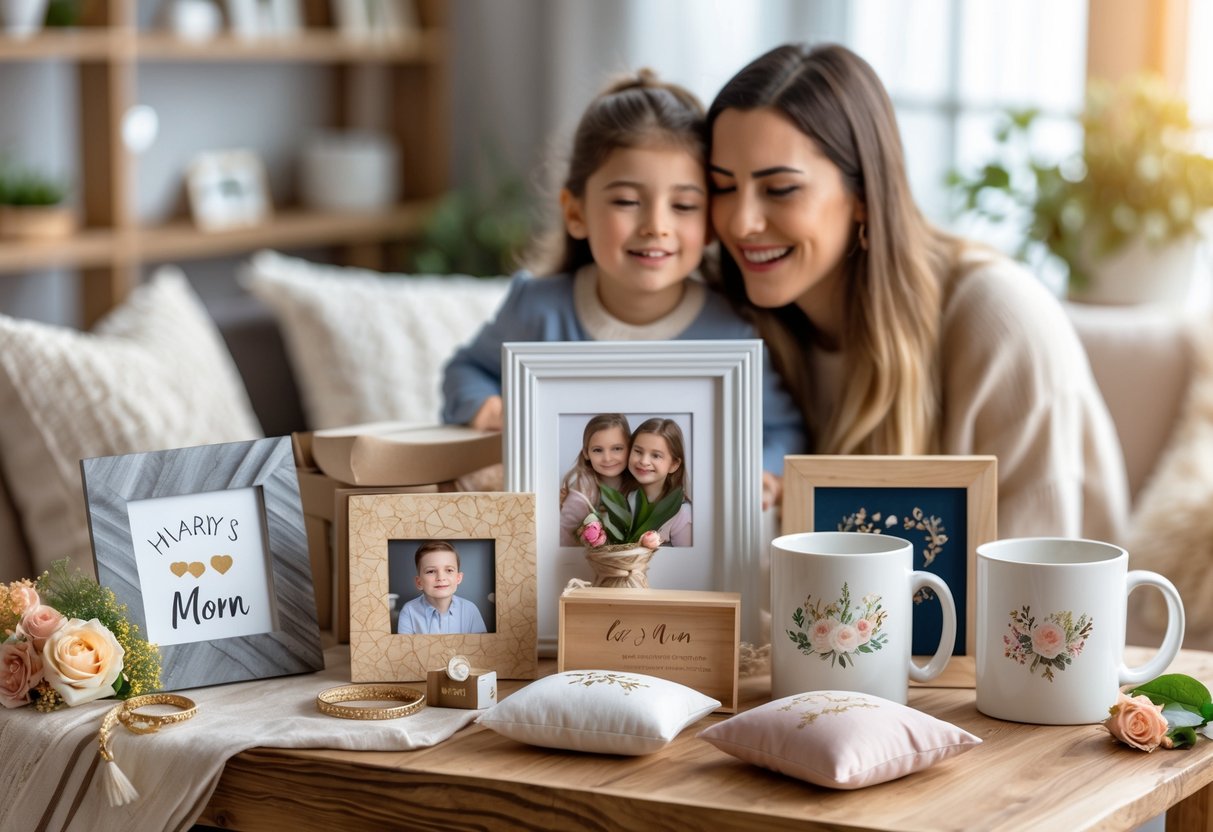 A mother and child smiling and embracing near a table filled with personalized gifts including jewelry, photo frames, cushions, and mugs.