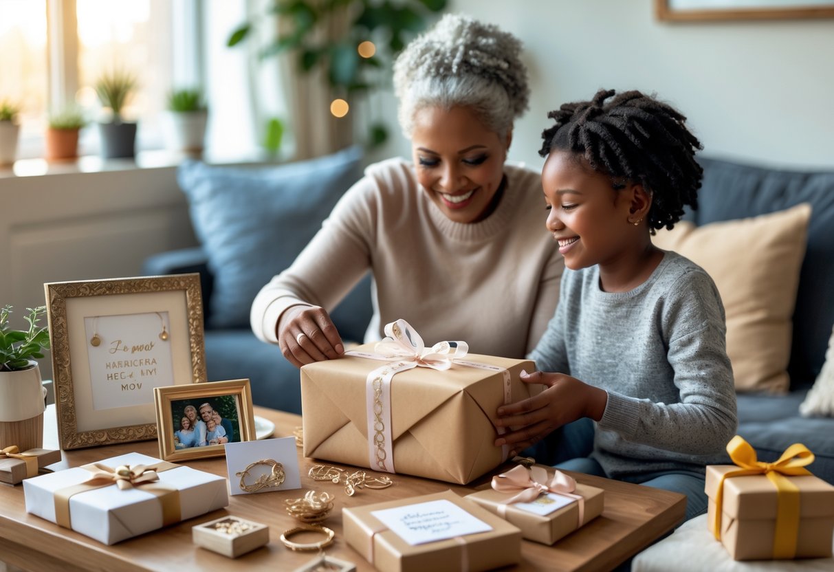 A mother and adult child exchanging personalized gifts in a cozy living room, sharing a warm and loving moment.