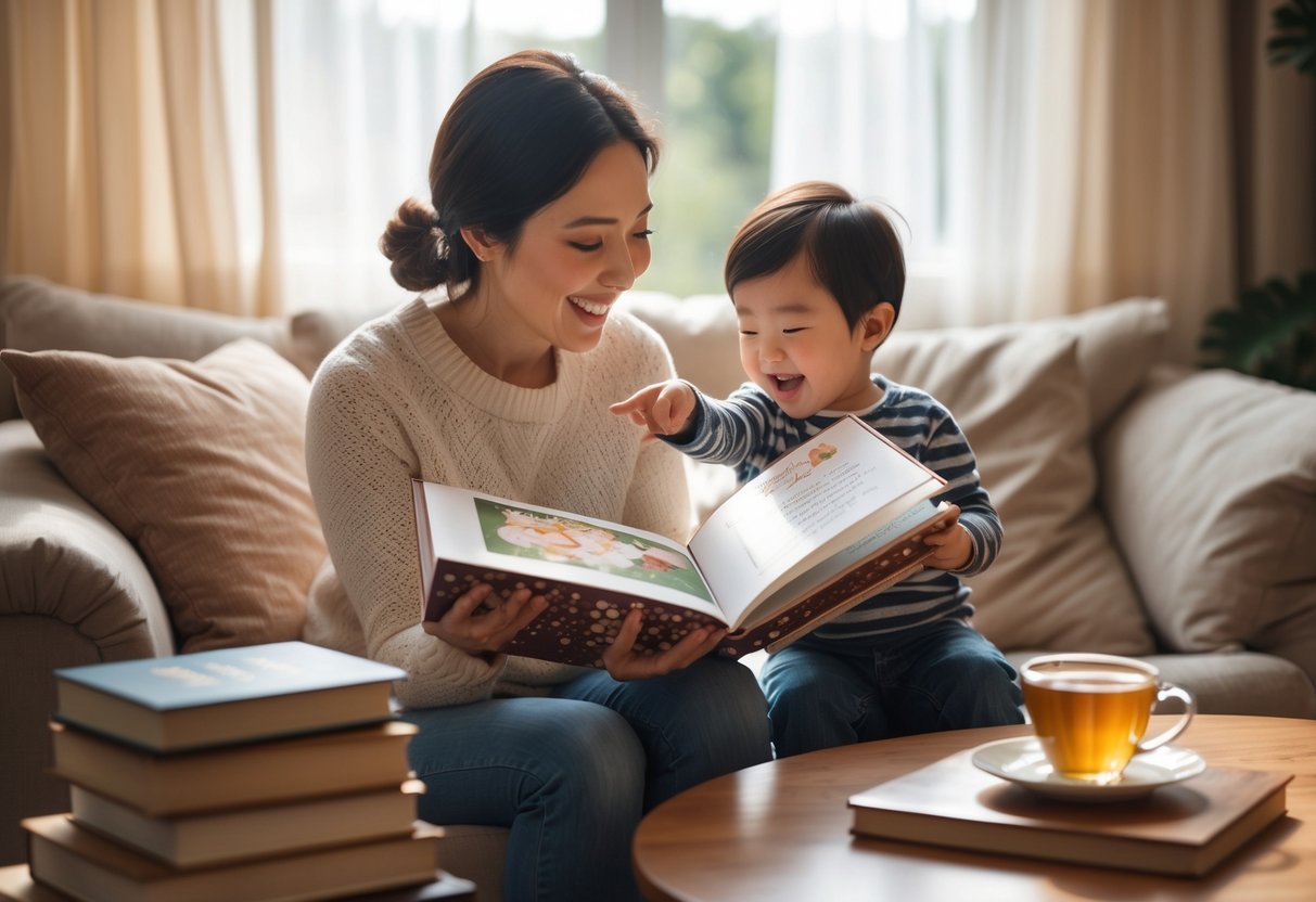 A mother and child sitting together reading a personalized book in a cozy living room.