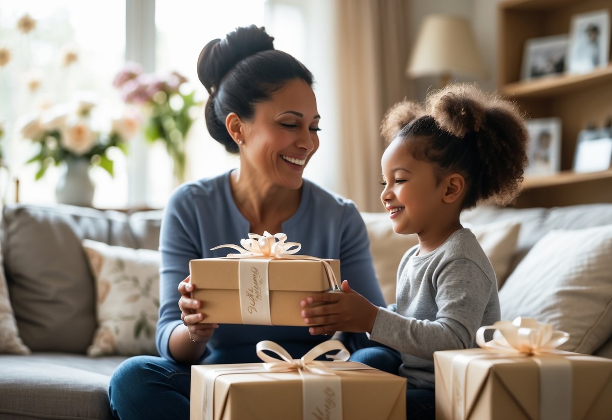 A mother and child exchanging personalized gifts in a cozy living room, smiling warmly at each other.