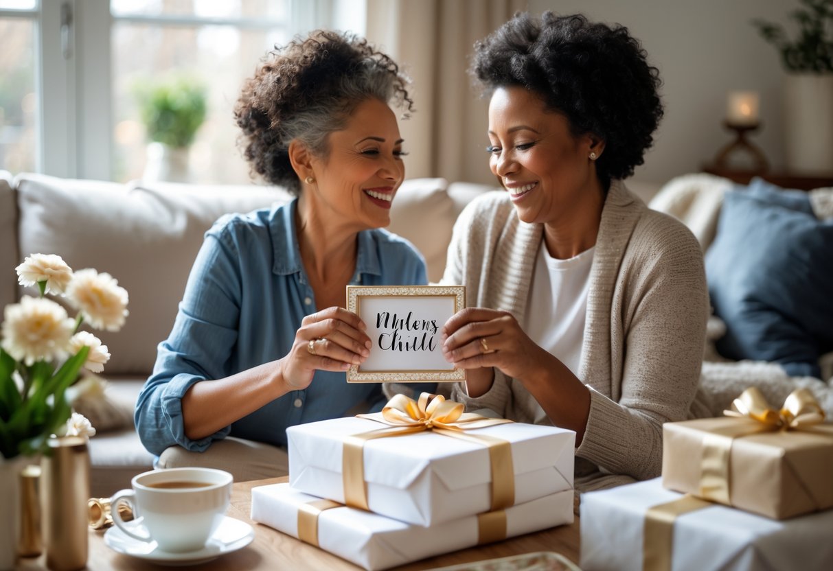 A mother and adult child sharing a joyful moment as the child gives the mother a personalized gift in a cozy living room.
