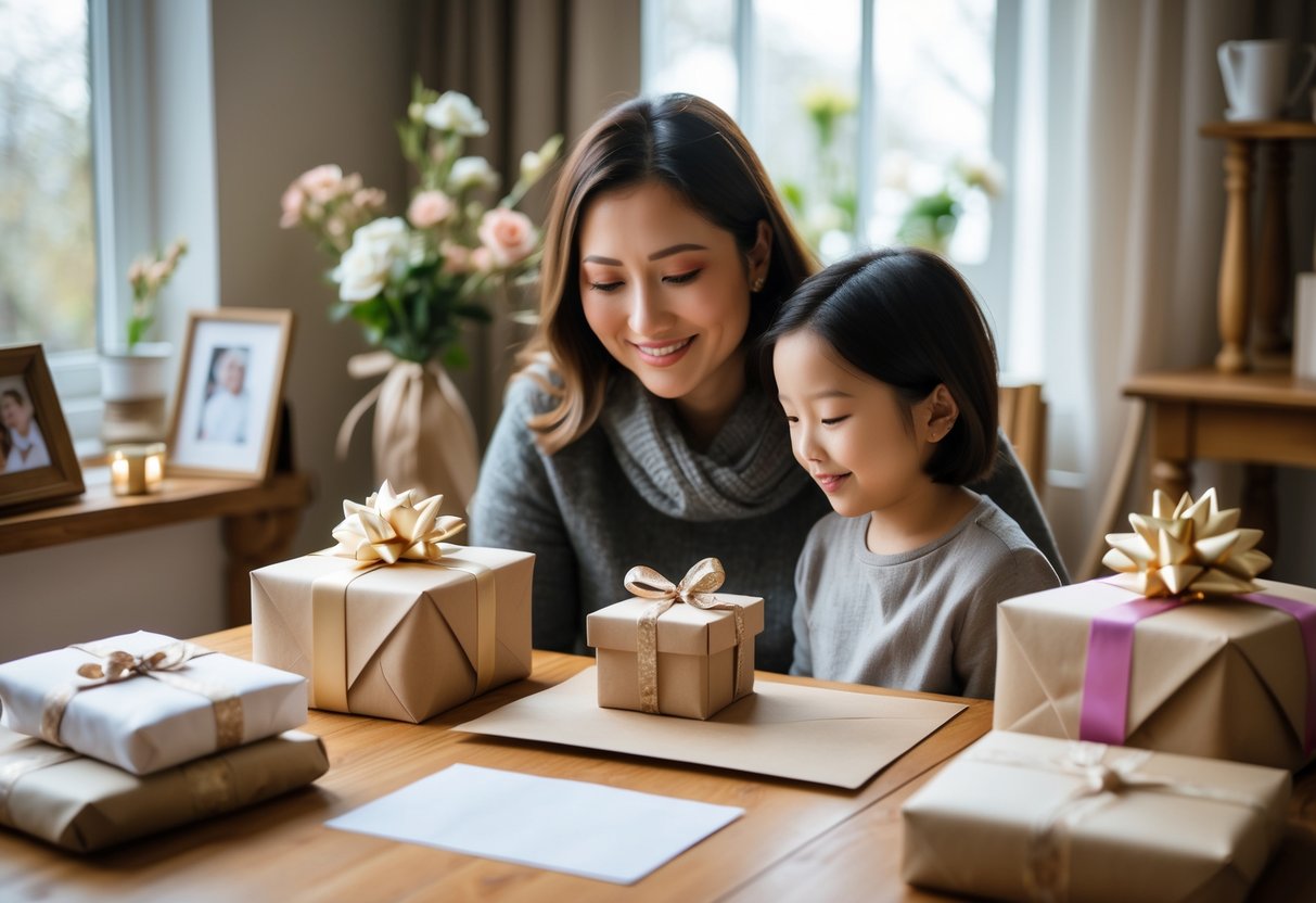 A mother and adult child sitting at a table with wrapped gifts and handmade cards, sharing a warm moment together.