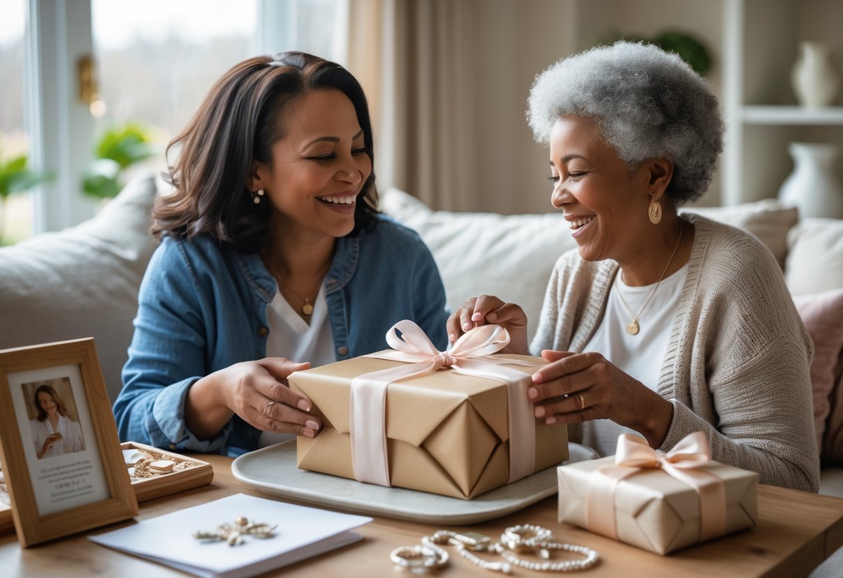 A mother and adult child sharing a happy moment as the mother receives a wrapped gift in a cozy living room.