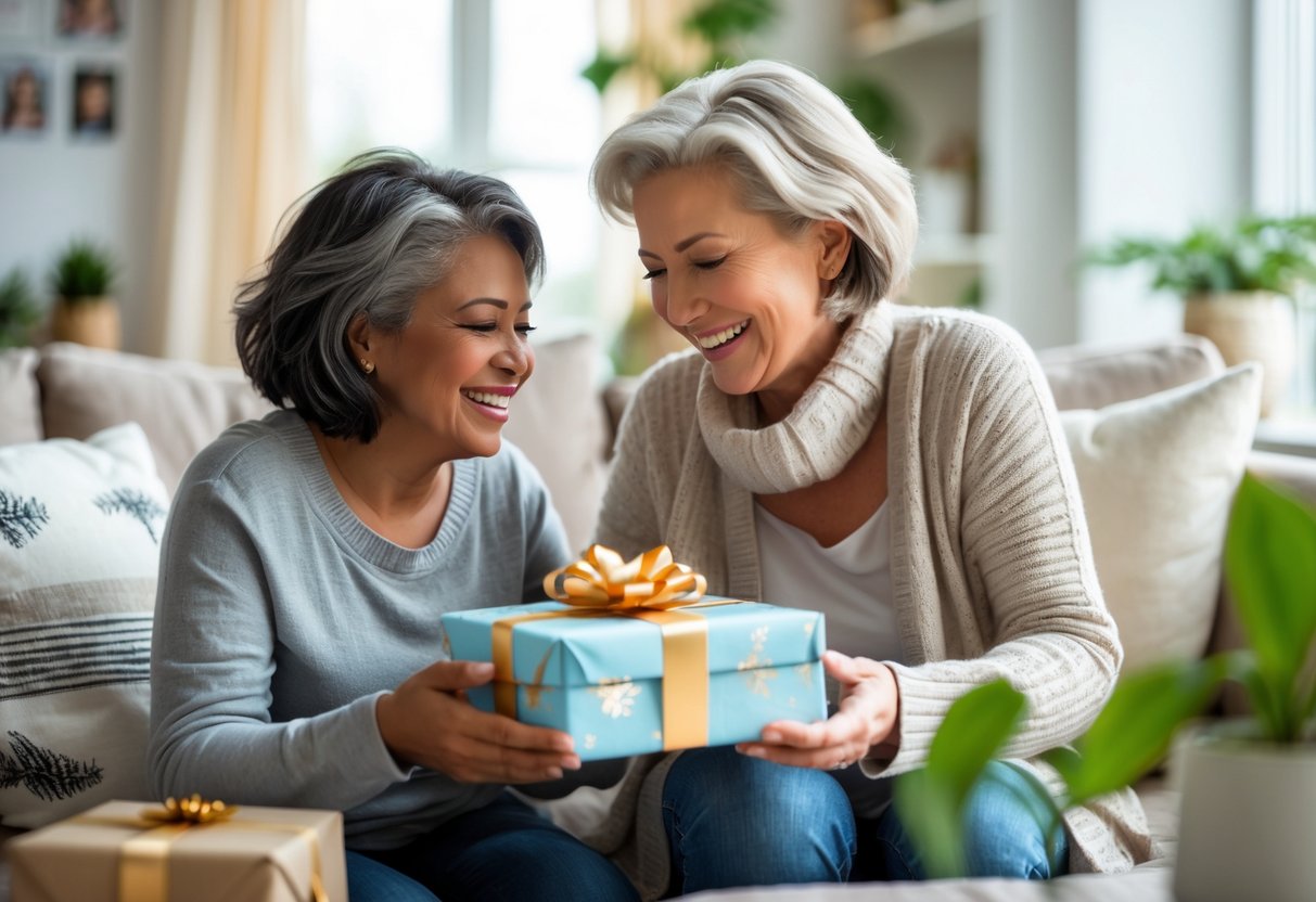 A mother and adult child smiling warmly as the child gives a wrapped gift to the mother in a cozy living room.