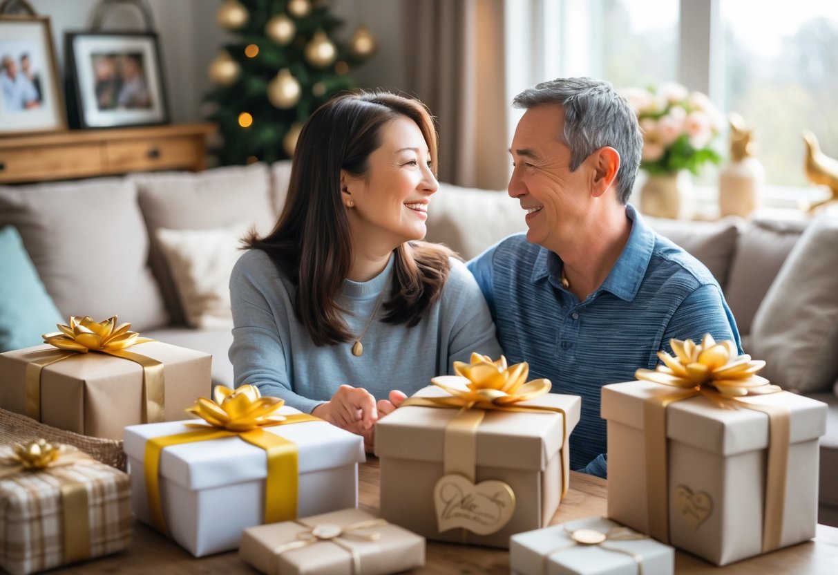 A mother and adult child smiling at each other while surrounded by personalized gifts in a cozy living room.