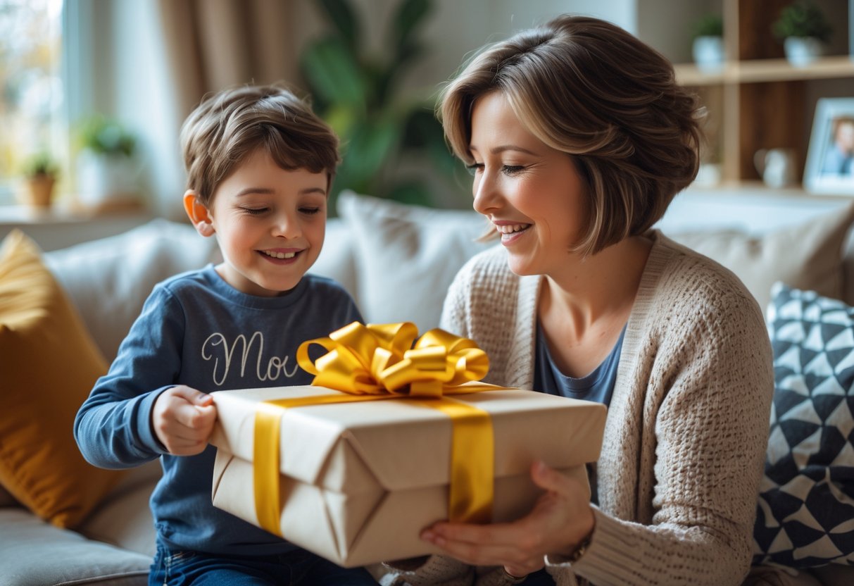 A mother happily receiving a personalized gift from her child in a cozy living room.
