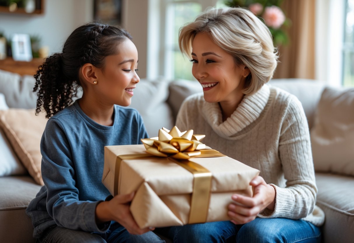 A mother receiving a personalized gift from her child, smiling warmly in a cozy living room.