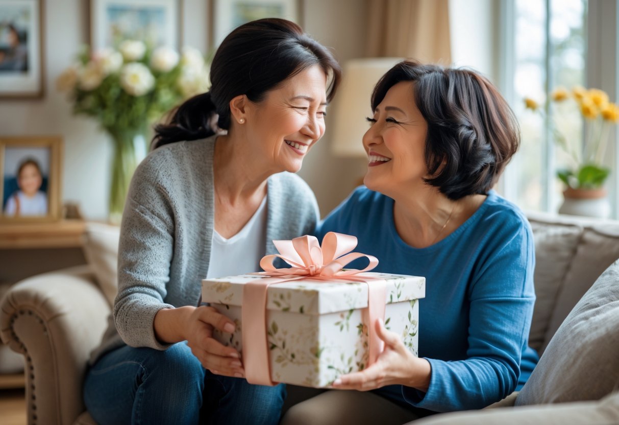 A mother and adult child sharing a warm moment as the child gives a beautifully wrapped personalized gift to the smiling mother in a cozy living room.