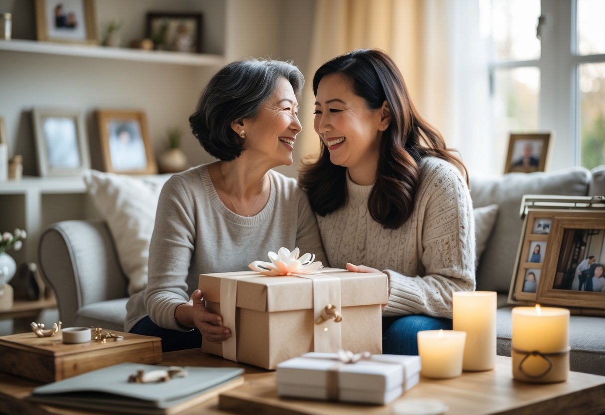 A mother smiling happily as her adult child gives her a wrapped personalized gift in a cozy living room filled with family photos and keepsakes.