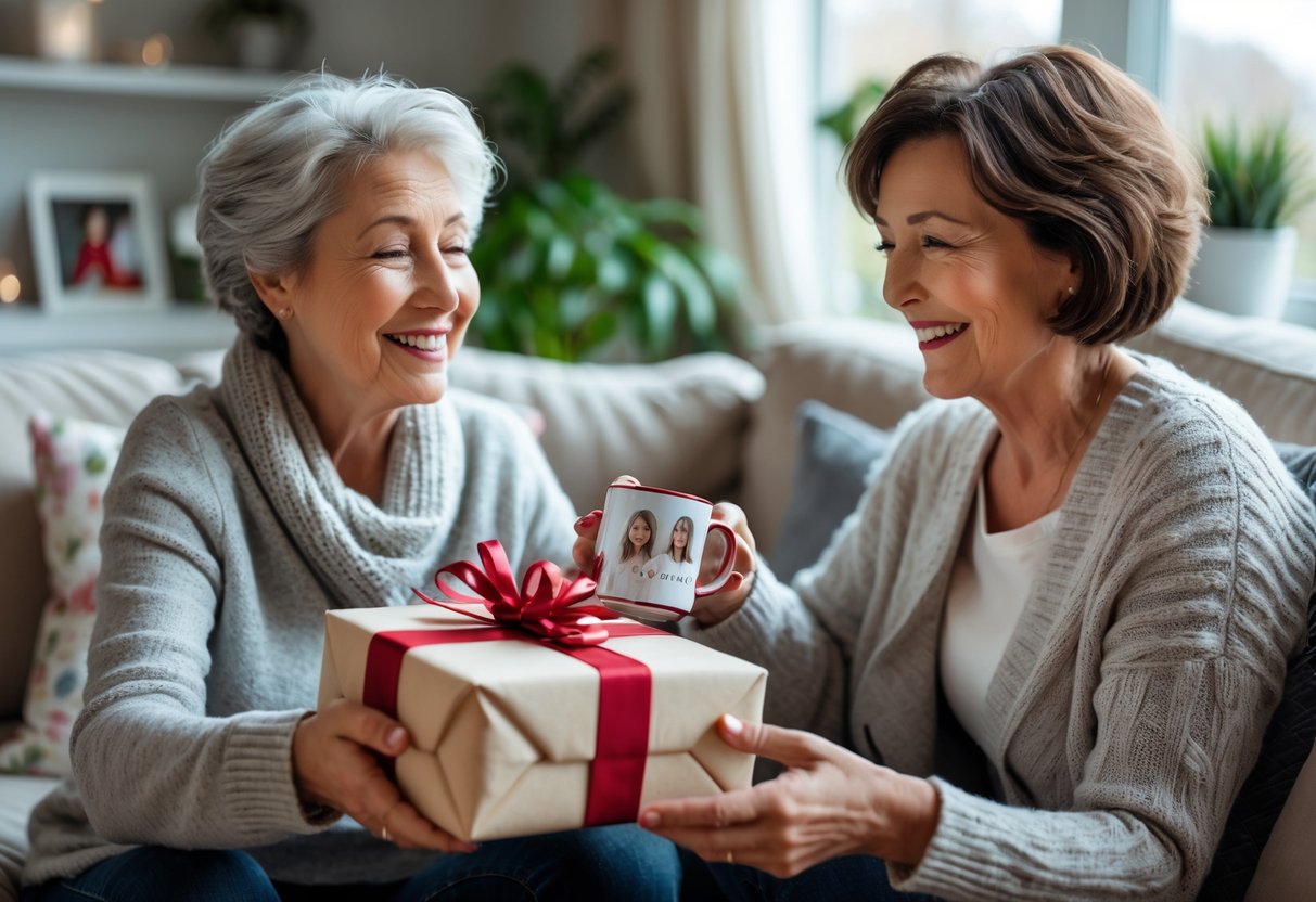 A mother receiving a customized gift from her adult child in a cozy living room, both smiling warmly.