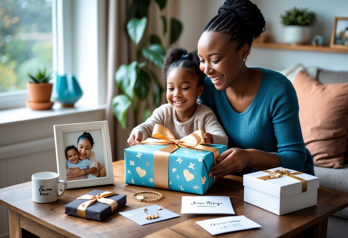 A mother smiling as she opens a wrapped personalized gift, with a child nearby and several customized gifts on a table in a cozy home setting.