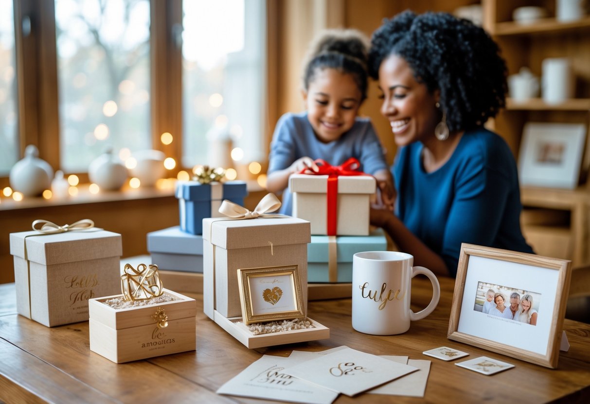 A mother and adult child sharing a joyful moment surrounded by various personalized gifts on a wooden table.