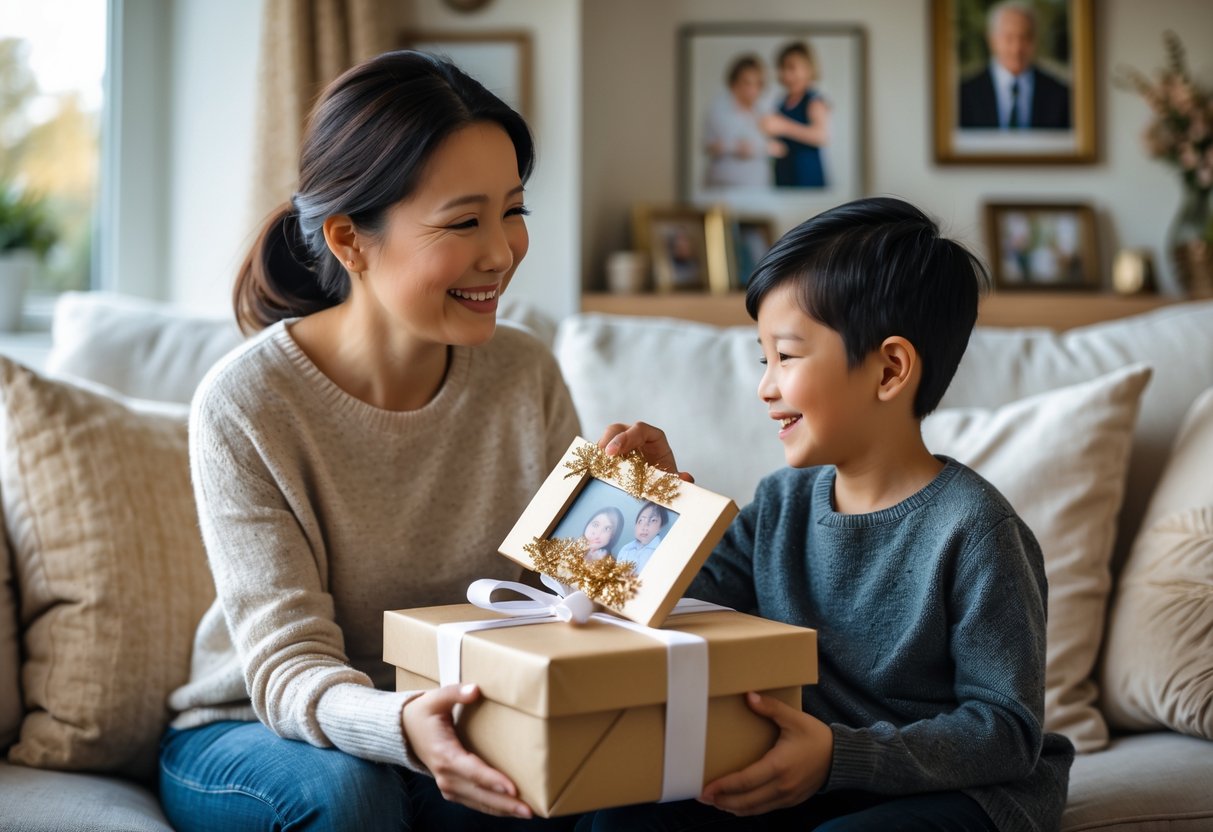 A mother happily receiving a personalized gift from her child in a cozy living room, surrounded by family photos.