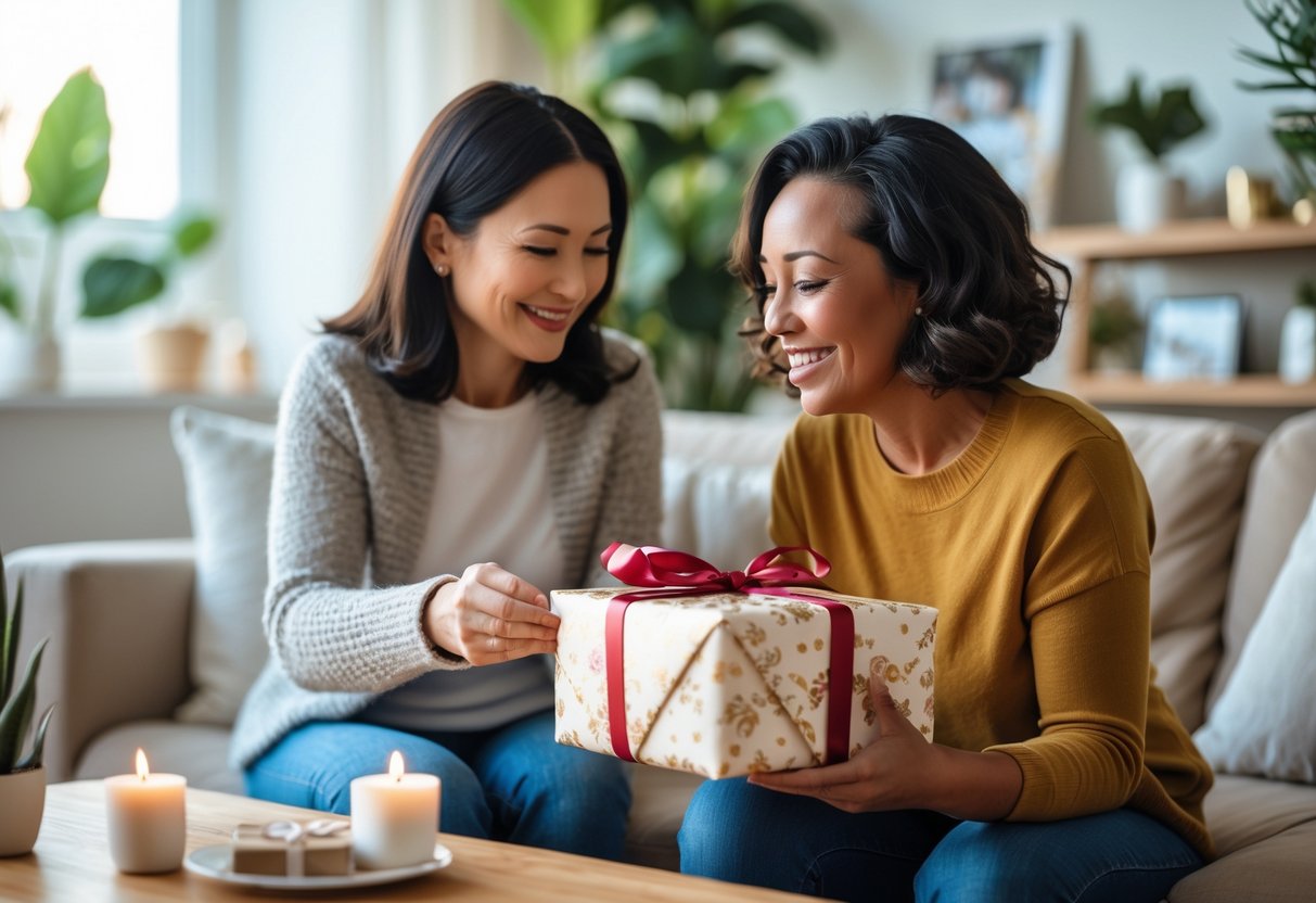 A mother and adult child exchanging a personalized gift in a cozy living room, both smiling warmly.